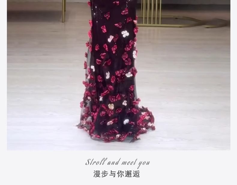 Evening Mermaid Off-Shoulder Short-Sleeve Floral Accent Sequin Gown