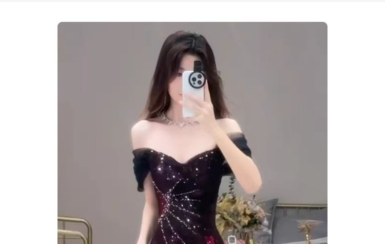 Evening Mermaid Off-Shoulder Short-Sleeve Floral Accent Sequin Gown