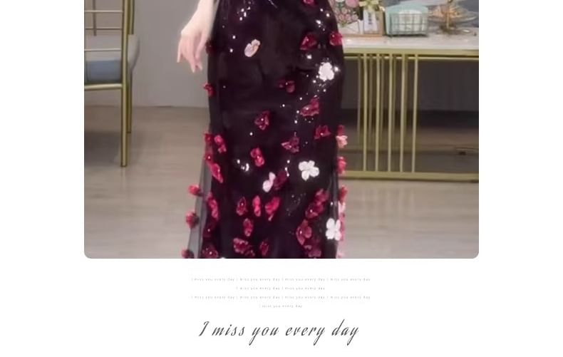 Evening Mermaid Off-Shoulder Short-Sleeve Floral Accent Sequin Gown