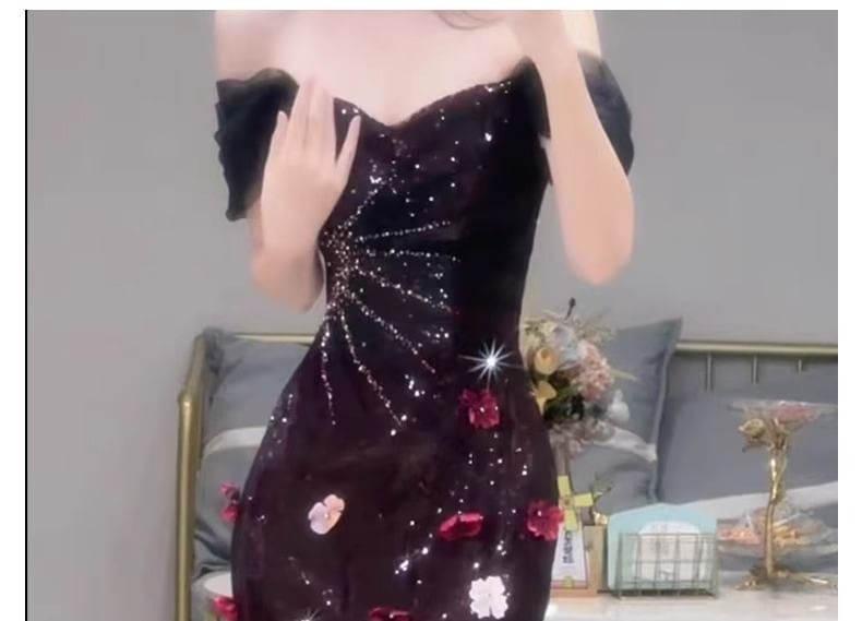 Evening Mermaid Off-Shoulder Short-Sleeve Floral Accent Sequin Gown