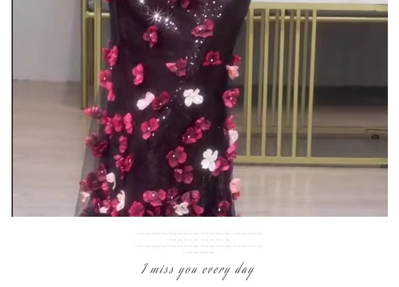 Evening Mermaid Off-Shoulder Short-Sleeve Floral Accent Sequin Gown