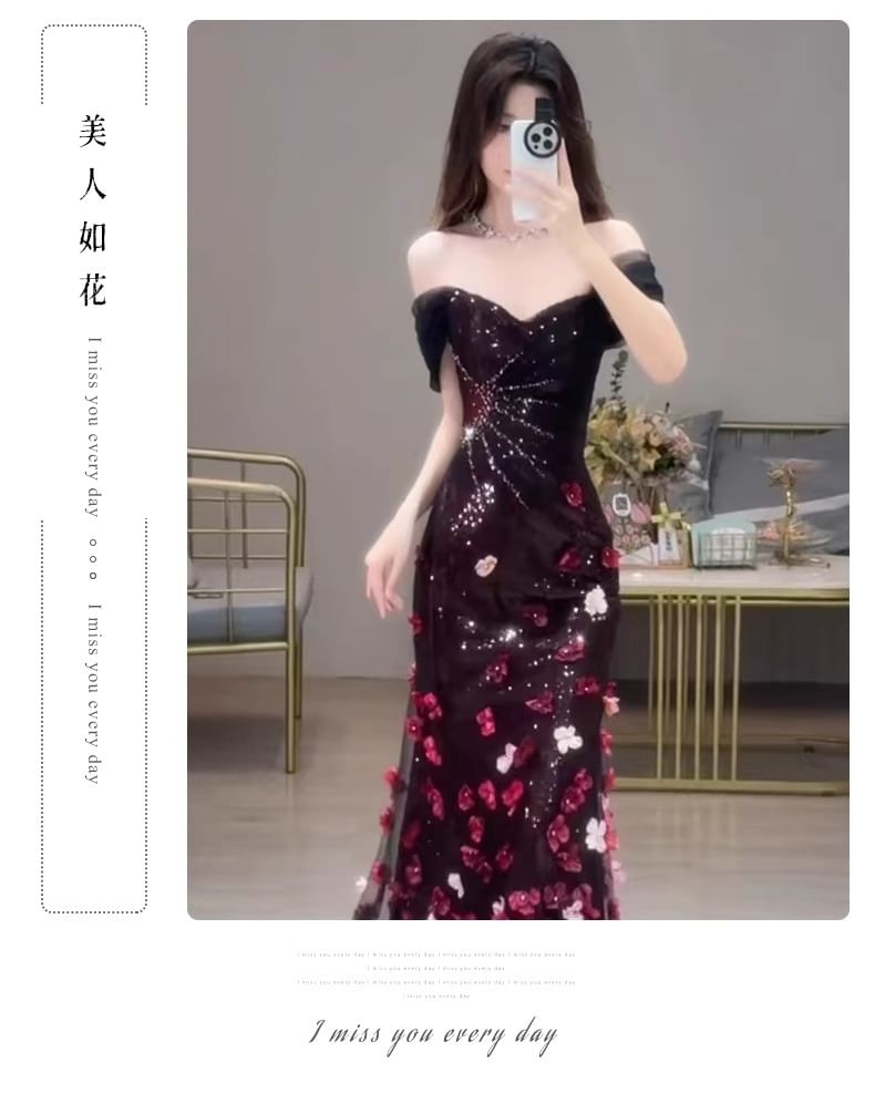 Evening Mermaid Off-Shoulder Short-Sleeve Floral Accent Sequin Gown