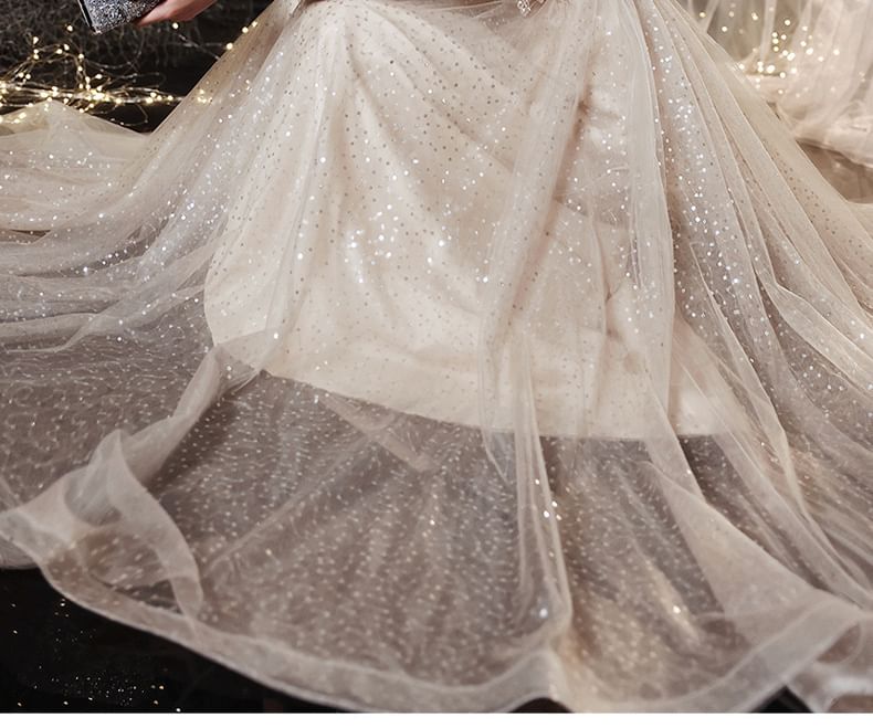 Evening Sweetheart Neckline Sequin Mesh Gown Puff-Sleeve Embroidered A-Line