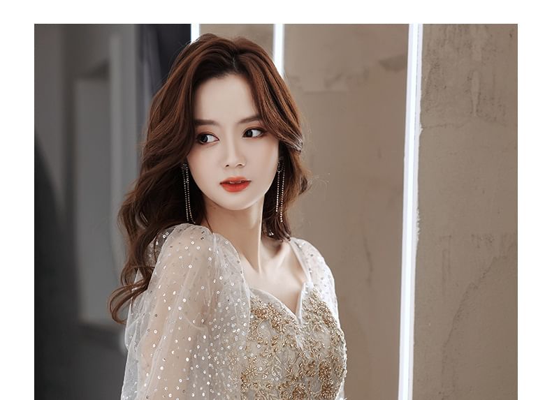 Evening Sweetheart Neckline Sequin Mesh Gown Puff-Sleeve Embroidered A-Line