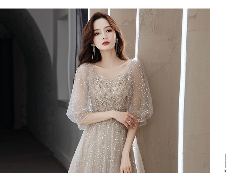 Evening Sweetheart Neckline Sequin Mesh Gown Puff-Sleeve Embroidered A-Line