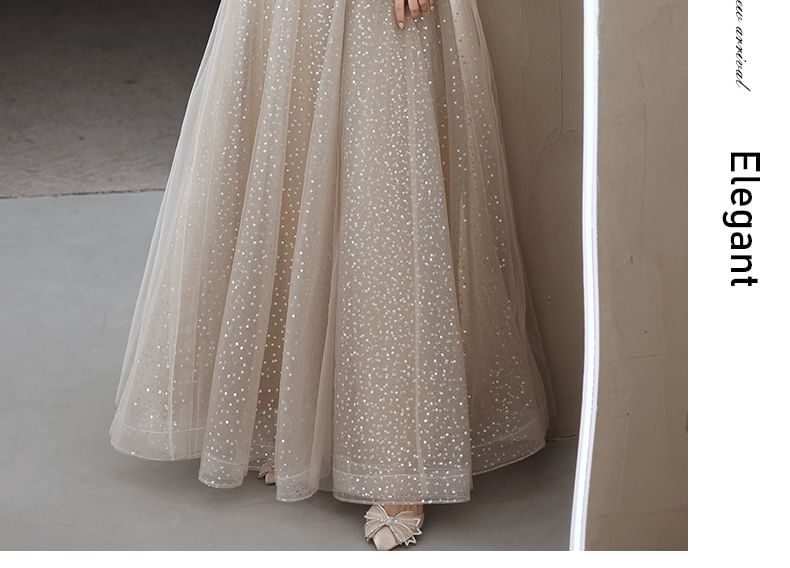 Evening Sweetheart Neckline Sequin Mesh Gown Puff-Sleeve Embroidered A-Line