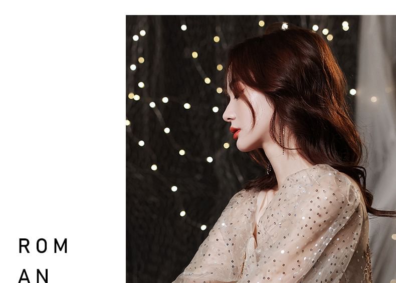 Evening Sweetheart Neckline Sequin Mesh Gown Puff-Sleeve Embroidered A-Line