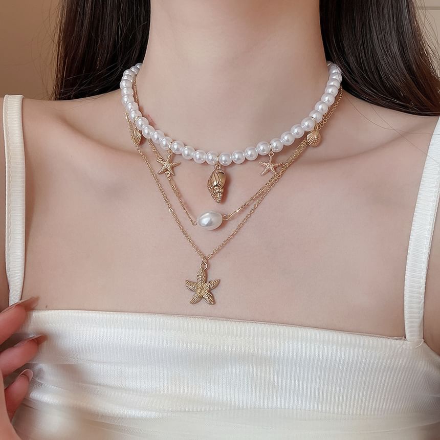 Pearl Necklace Pendant 3: Alloy Choker + Set Faux Starfish of