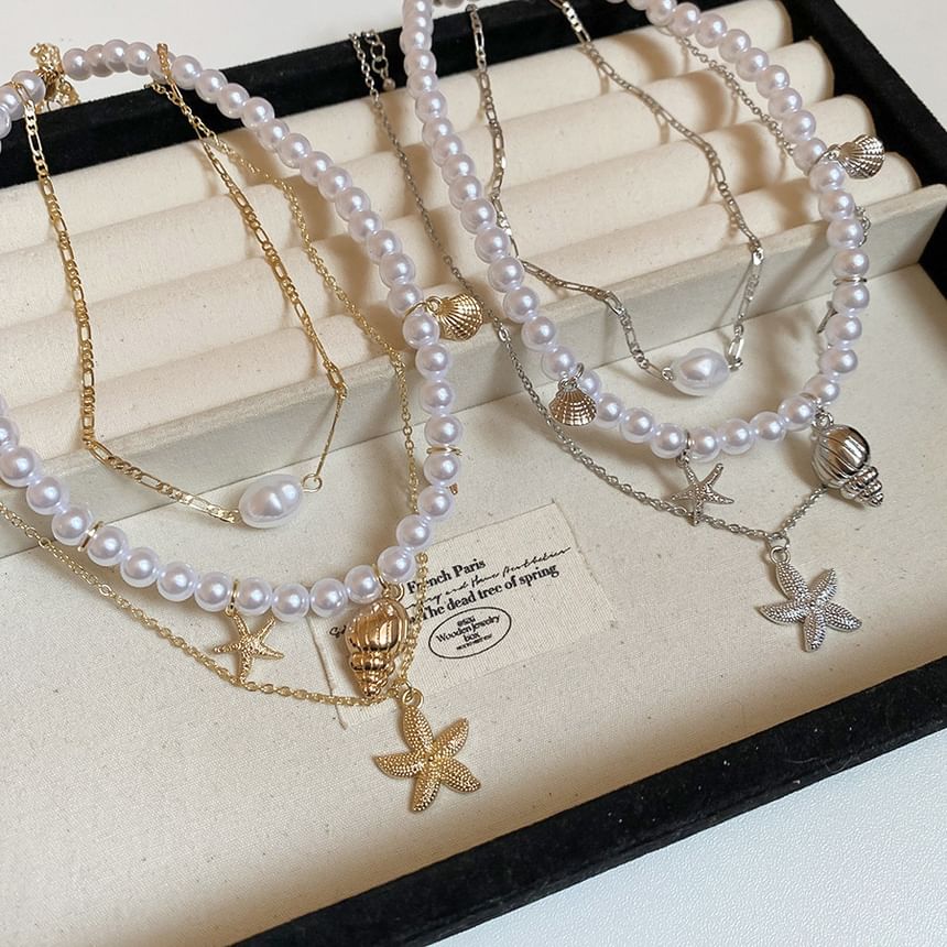 Pearl Necklace Pendant 3: Alloy Choker + Set Faux Starfish of
