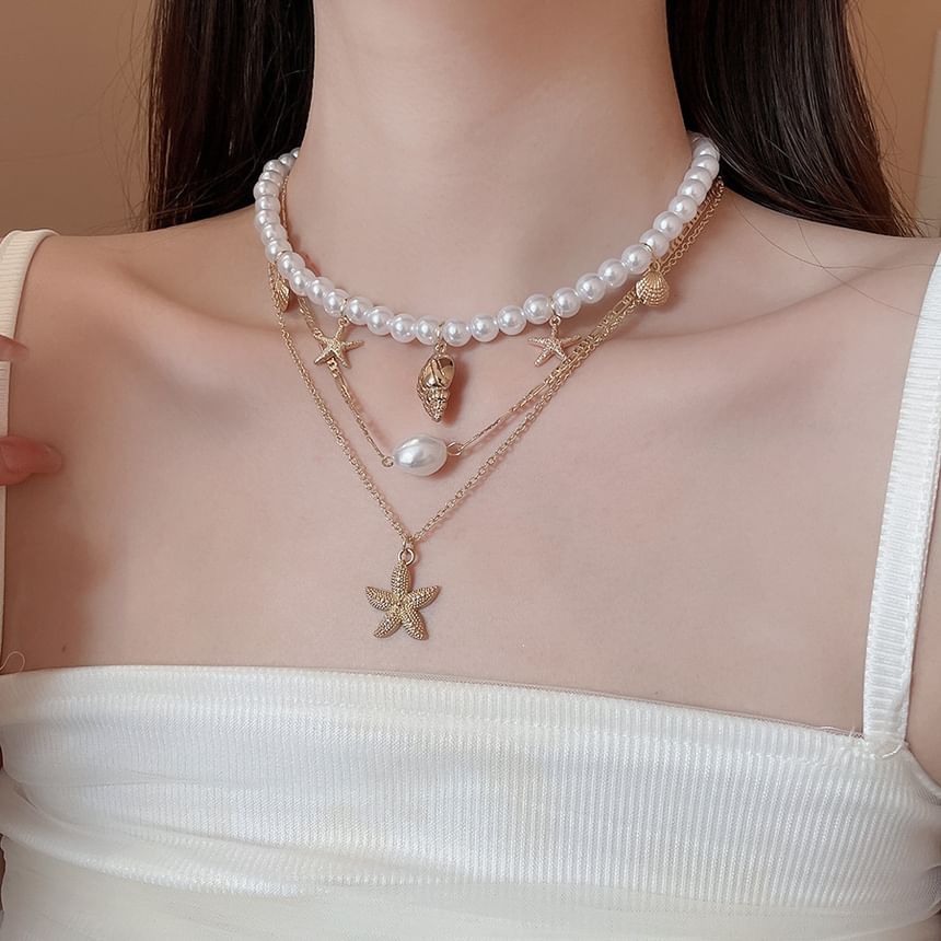 Pearl Necklace Pendant 3: Alloy Choker + Set Faux Starfish of