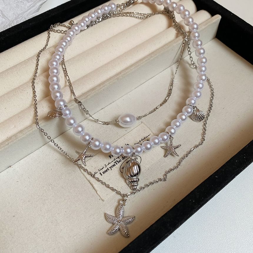 Pearl Necklace Pendant 3: Alloy Choker + Set Faux Starfish of