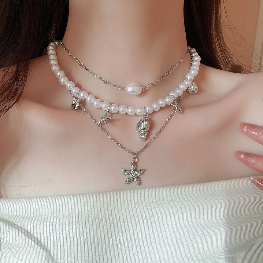 Pearl Necklace Pendant 3: Alloy Choker + Set Faux Starfish of