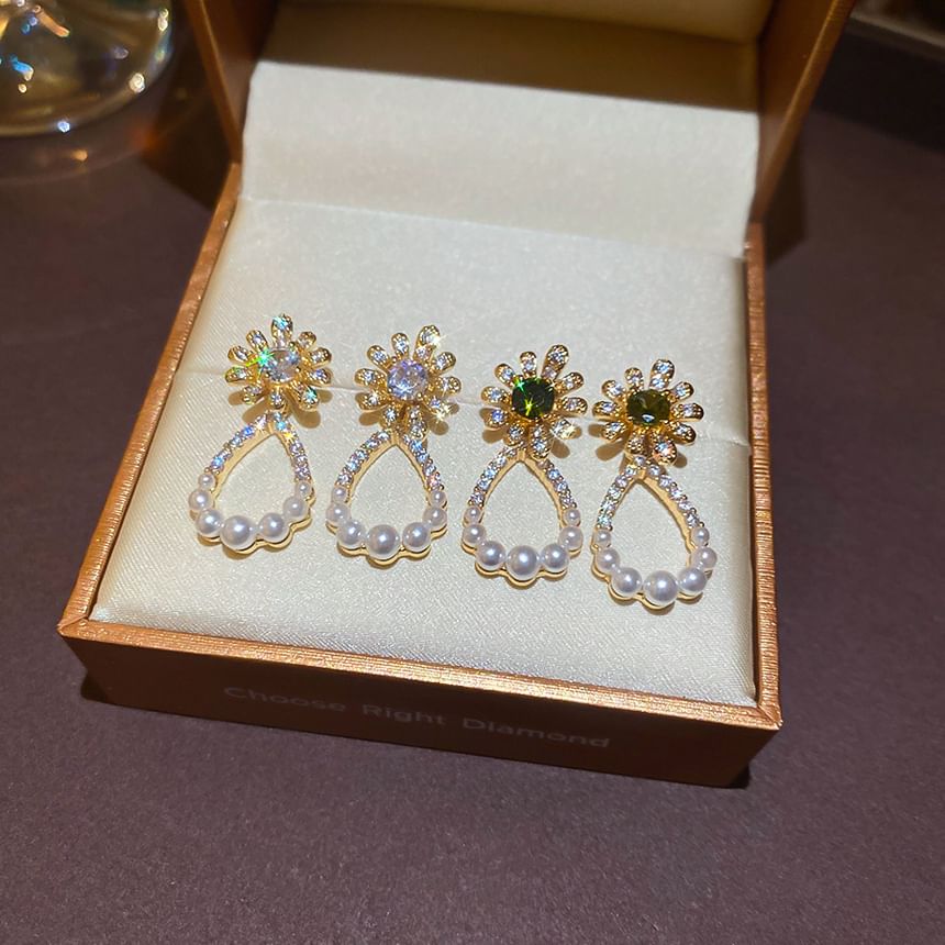 Pearl Drop Alloy Faux Rhinestone Floral Earring