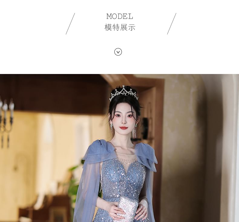 Sheer Evening Gown Sequin Bow A-Line Accent Neck Sleeveless Crew Panel