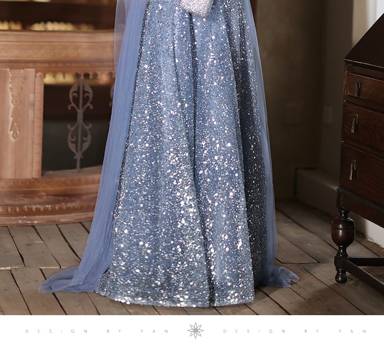 Sleeveless Crew Neck Sequin Sheer Panel Bow Accent A-Line Evening Gown