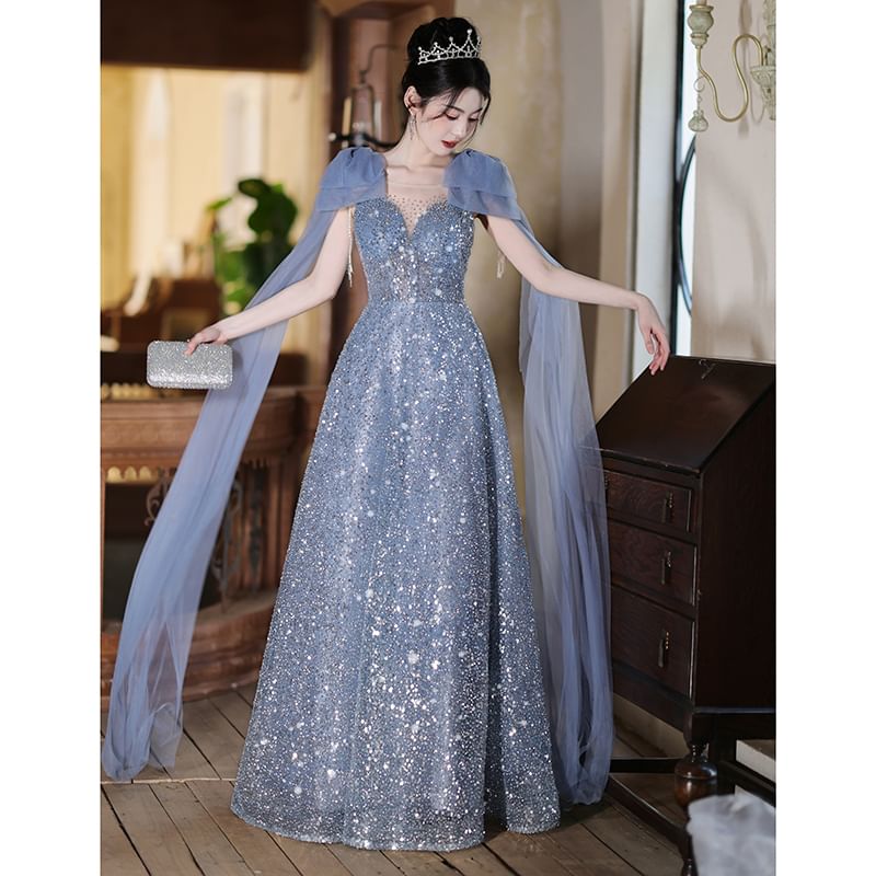 Sleeveless Crew Neck Sequin Sheer Panel Bow Accent A-Line Evening Gown