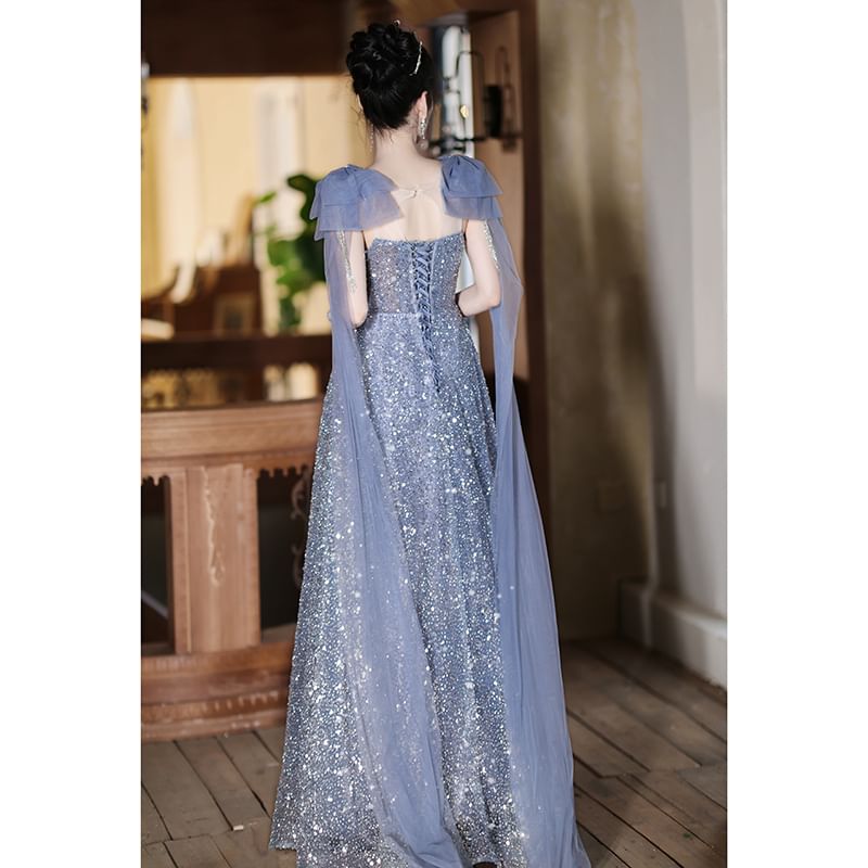 Sleeveless Crew Neck Sequin Sheer Panel Bow Accent A-Line Evening Gown