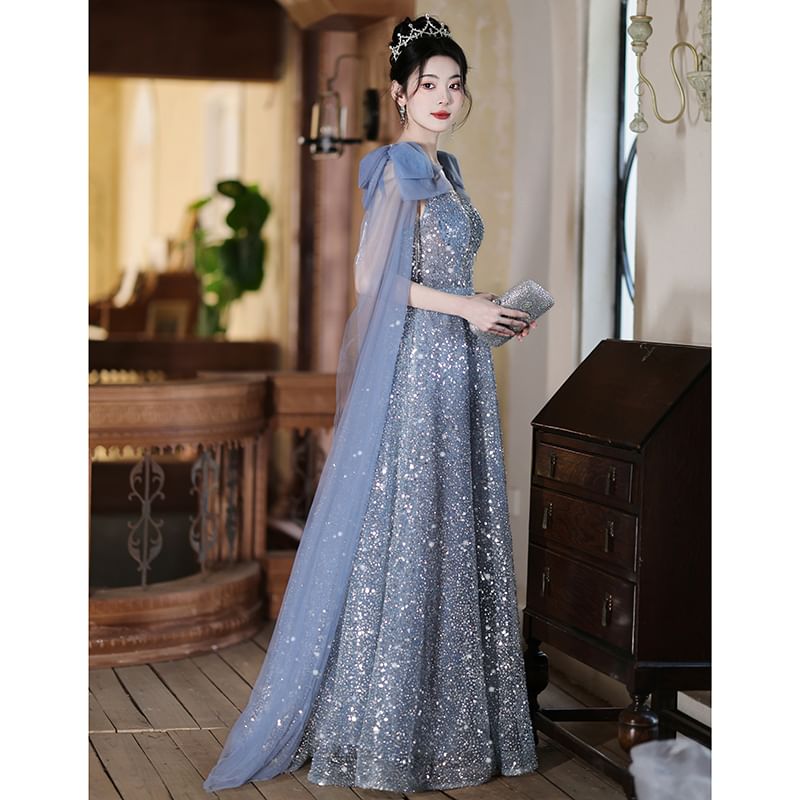 Sleeveless Crew Neck Sequin Sheer Panel Bow Accent A-Line Evening Gown