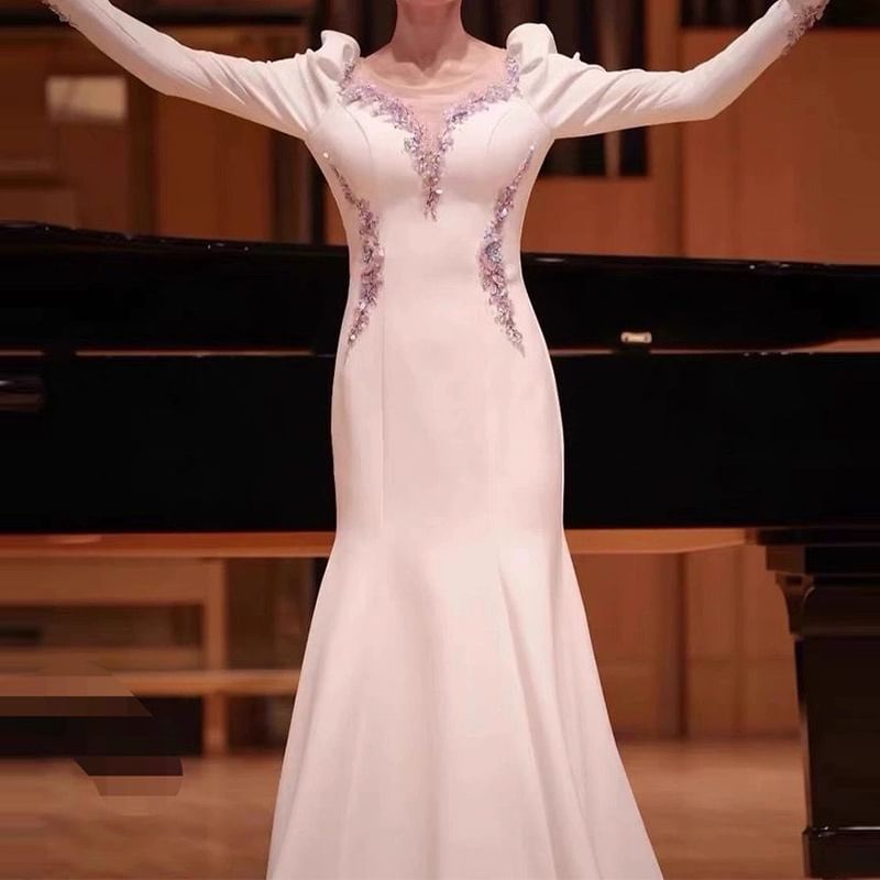 Gown Embroidered Evening V-Neck Floral Long-Sleeve Mermaid