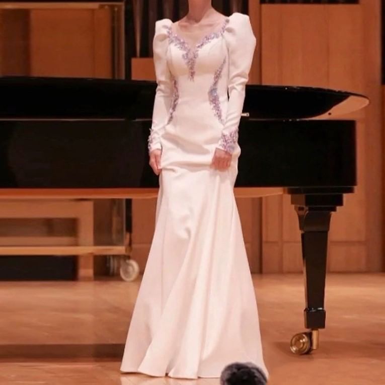 Gown Embroidered Evening V-Neck Floral Long-Sleeve Mermaid