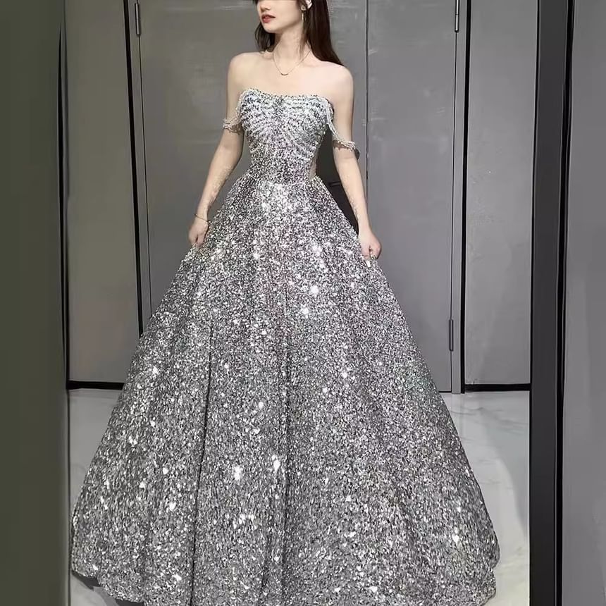 Sequin Evening Gown A-Line Off-Shoulder