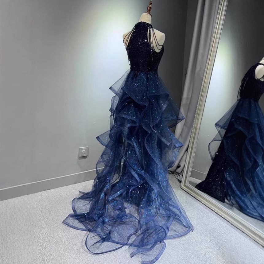 Neck Mesh Halter Mermaid Panel Sequin Gown Trained Evening