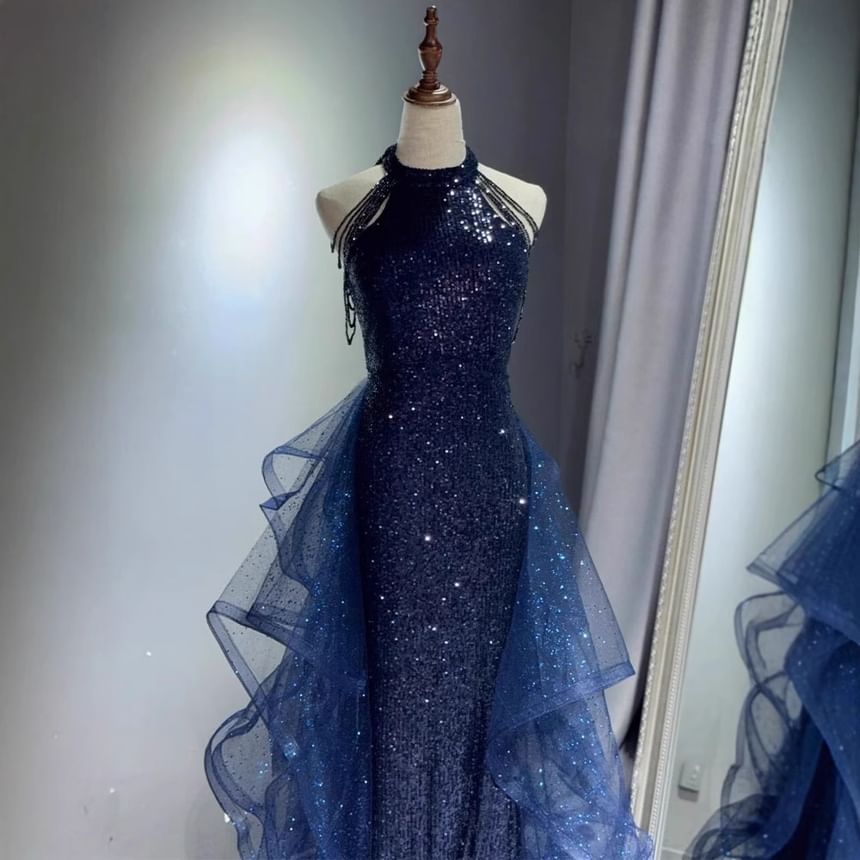 Neck Mesh Halter Mermaid Panel Sequin Gown Trained Evening