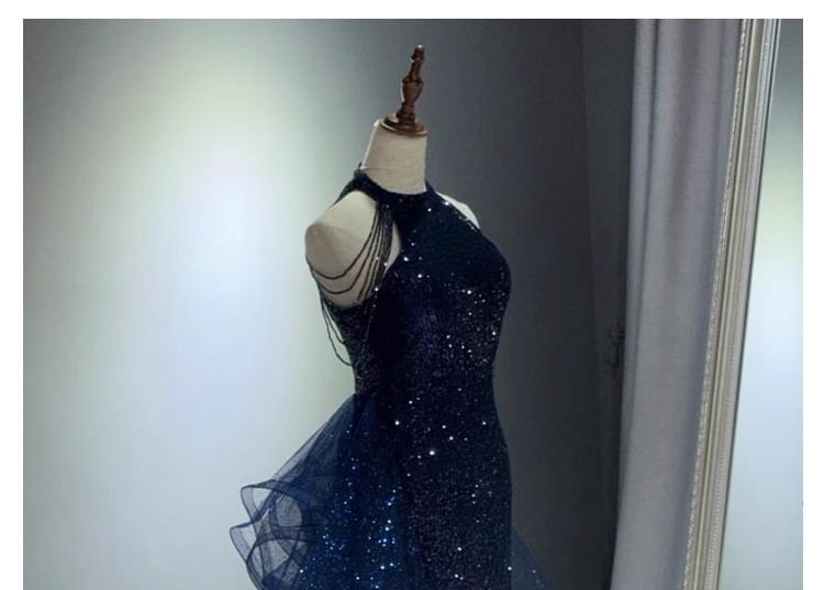 Neck Mesh Halter Mermaid Panel Sequin Gown Trained Evening