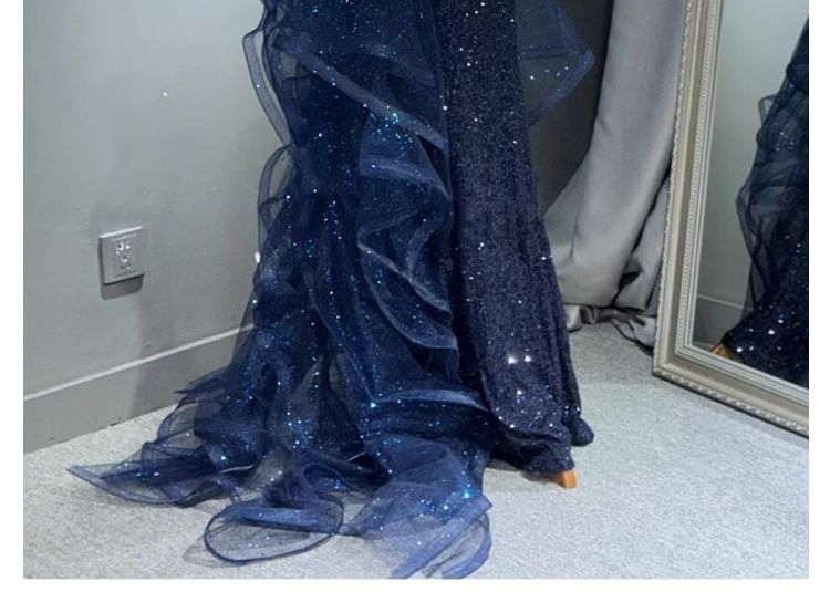 Neck Mesh Halter Mermaid Panel Sequin Gown Trained Evening