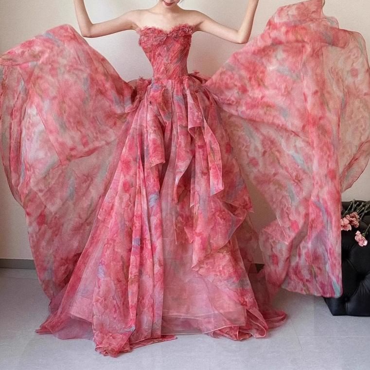 Gown Ball Layered Strapless Floral Print