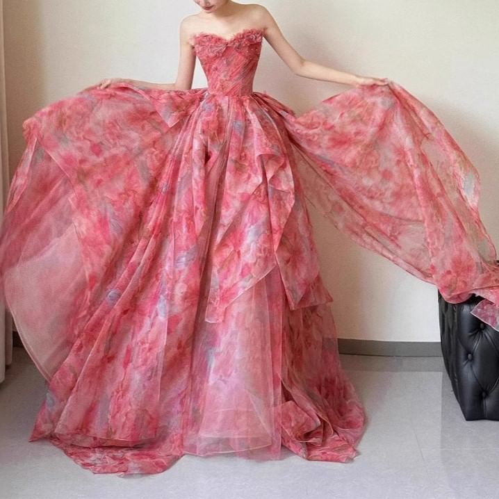 Gown Ball Layered Strapless Floral Print