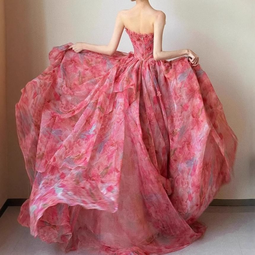 Gown Ball Layered Strapless Floral Print
