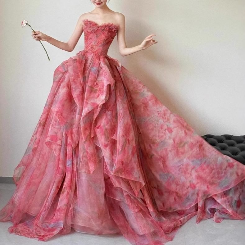 Gown Ball Layered Strapless Floral Print