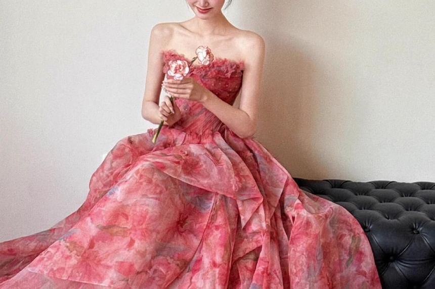 Gown Ball Layered Strapless Floral Print