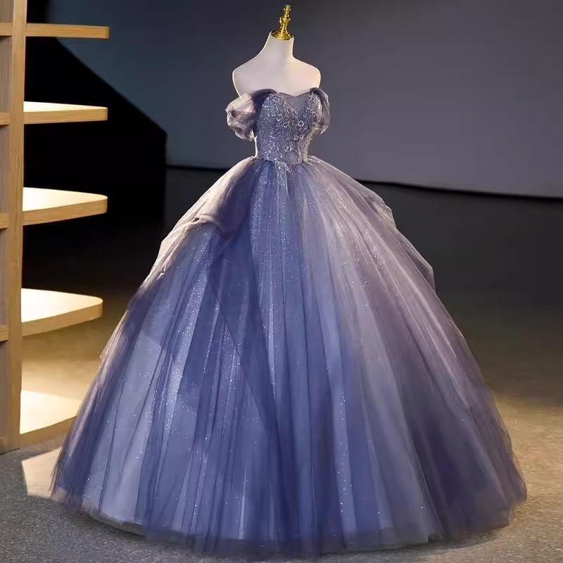 Off-Shoulder Gown Ball Short-Sleeve Sequin