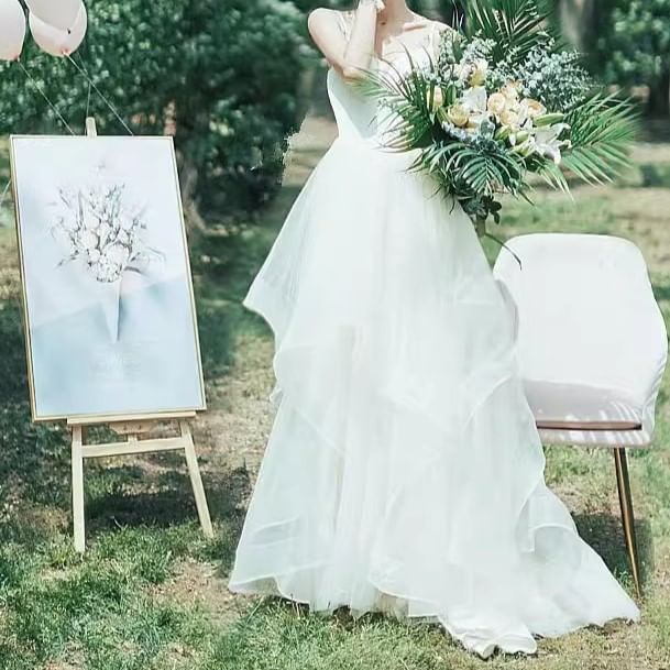 A-Line V-Neck Strap Gown Spaghetti Wedding Plain