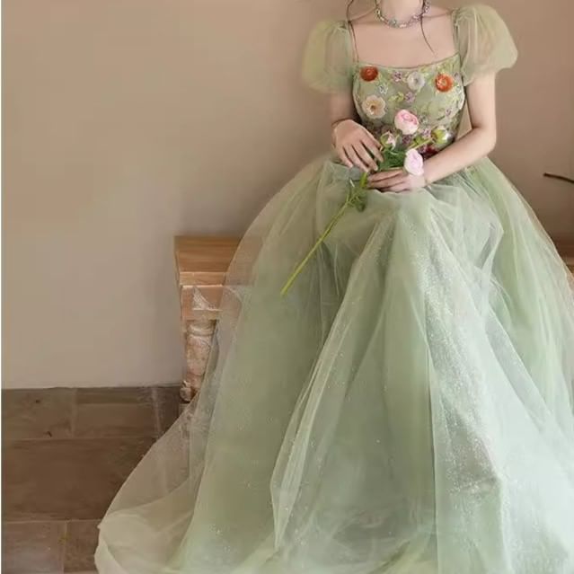 Sequin Square Puff-Sleeve Neck Floral Evening Embroidered Gown A-Line