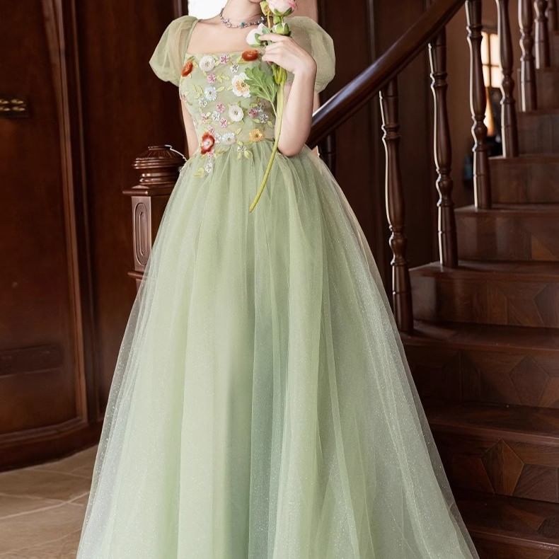 Sequin Square Puff-Sleeve Neck Floral Evening Embroidered Gown A-Line