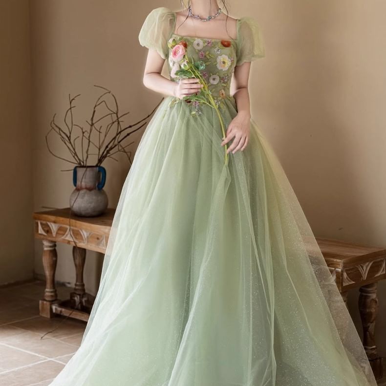 Sequin Square Puff-Sleeve Neck Floral Evening Embroidered Gown A-Line