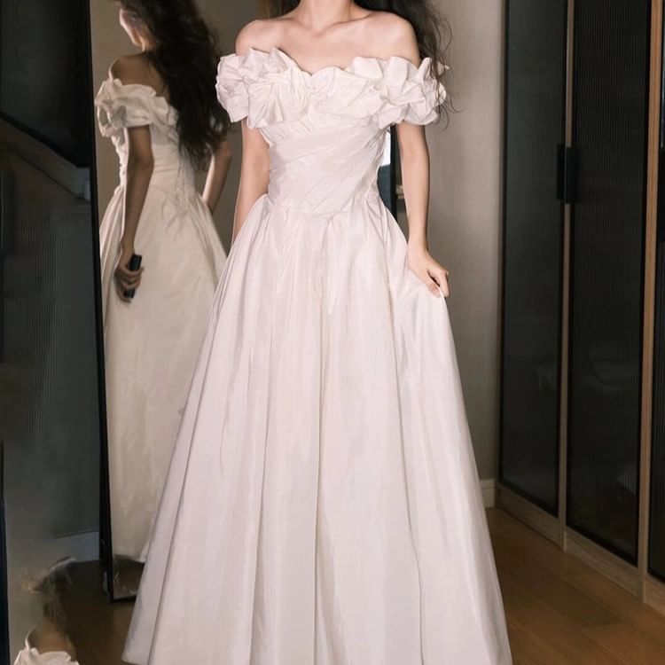 Ruched Plain Off-Shoulder Wedding Gown A-Line Satin