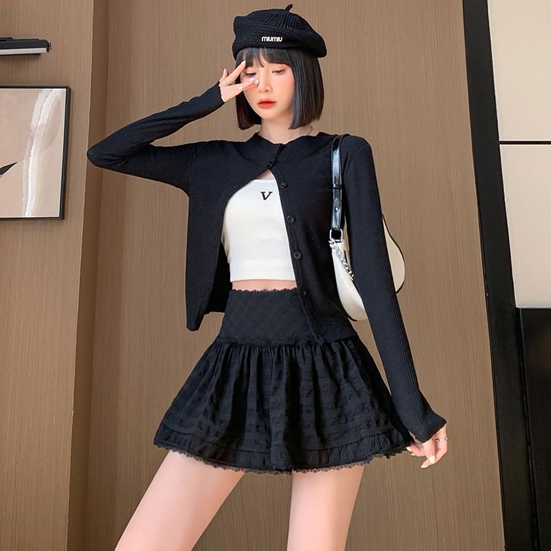 A-Line Trim Skirt Plain Mini High Waist Lace