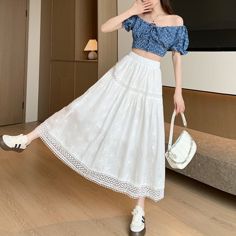 Skirt Designs) Midi Elastic A-Line Embroidered Waist Plain (Various