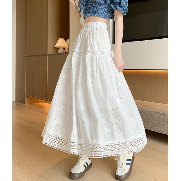 Skirt Designs) Midi Elastic A-Line Embroidered Waist Plain (Various