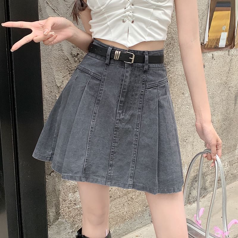 Denim A-Line Skirt High Pleated Mini Rise