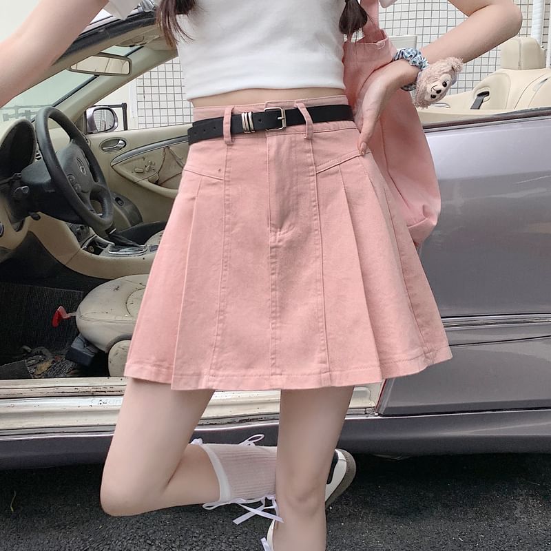 Denim A-Line Skirt High Pleated Mini Rise