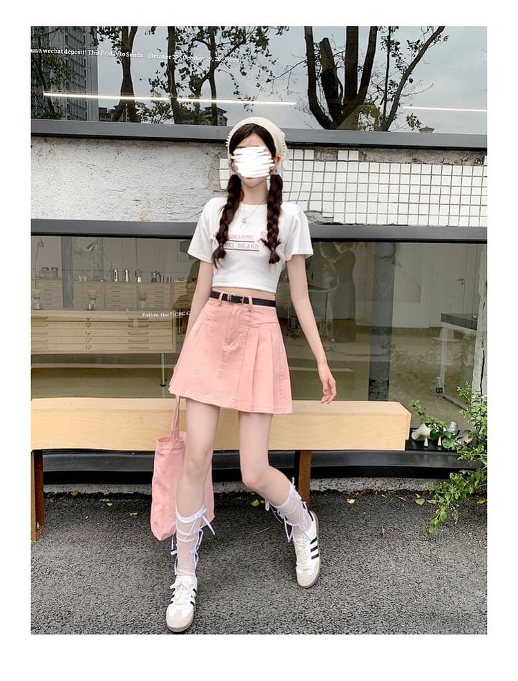 Denim A-Line Skirt High Pleated Mini Rise