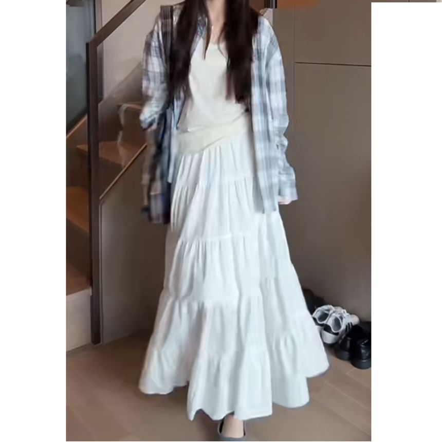 Midi Plain Tiered Elastic A-Line Skirt Waist