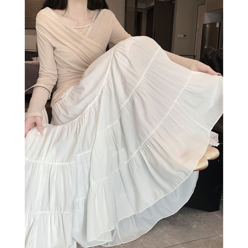 Midi Plain Tiered Elastic A-Line Skirt Waist