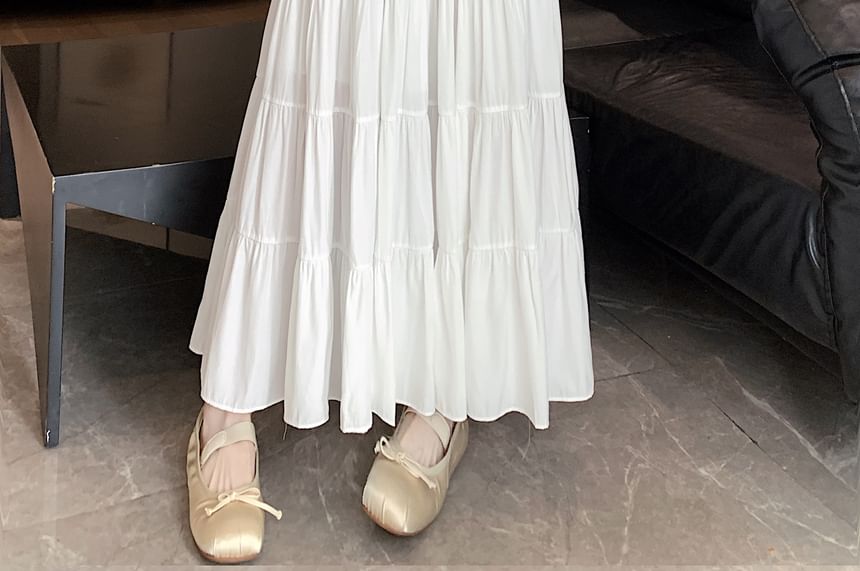 Midi Plain Tiered Elastic A-Line Skirt Waist