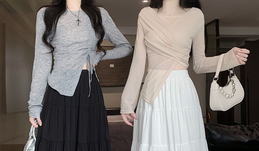 Midi Plain Tiered Elastic A-Line Skirt Waist